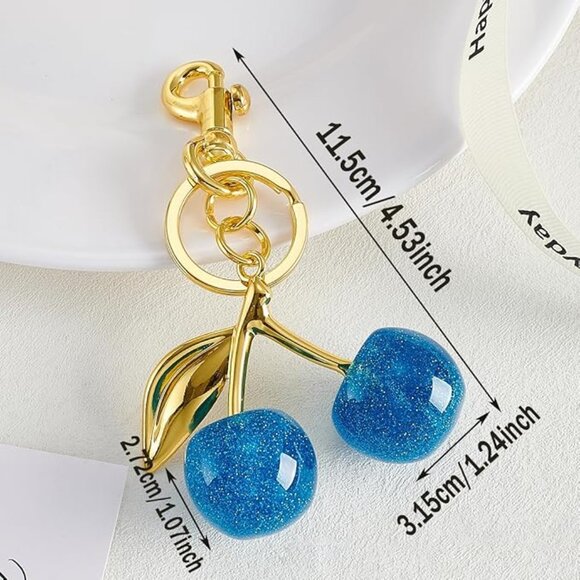Cherry Blue Glitter Keychain Sparkle Bag Charm - Picture 3 of 5